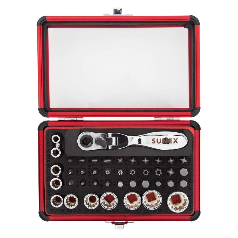 SUNEX TOOLS 9732 44Pc 1/4" Dr Mini Dual Flex Head RATCHET W Socket & Bit Set 44 Piece 1/4" Drive Socket, Mini Dual Head Ratchet