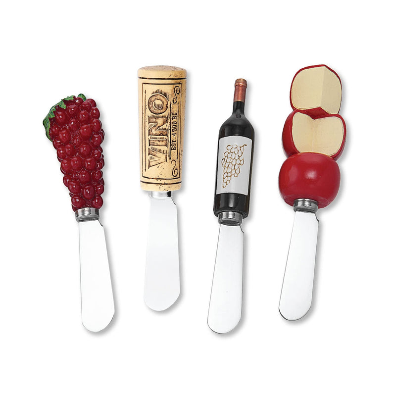 Supreme Housewares Vino Cheese Spreaders, Hand-Painted Resin Handles with Stainless Steel Blades for Spreading Cream Cheese, Butter, and Jam, Assorted Designs, Set of 4 Vino and Cheese