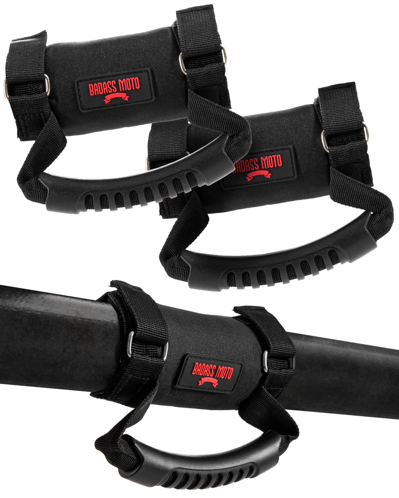 Badass Moto Roll Bar Grab Handles - SXS, ATV, & UTV Grab Handles Grips for 1.5 to 2" Rollbar - Black & Red Hand Grip Grabs with Stainless Steel Buckles for Honda, Teryx, Can-Am, Polaris, More - 2 pack Black 2-PK