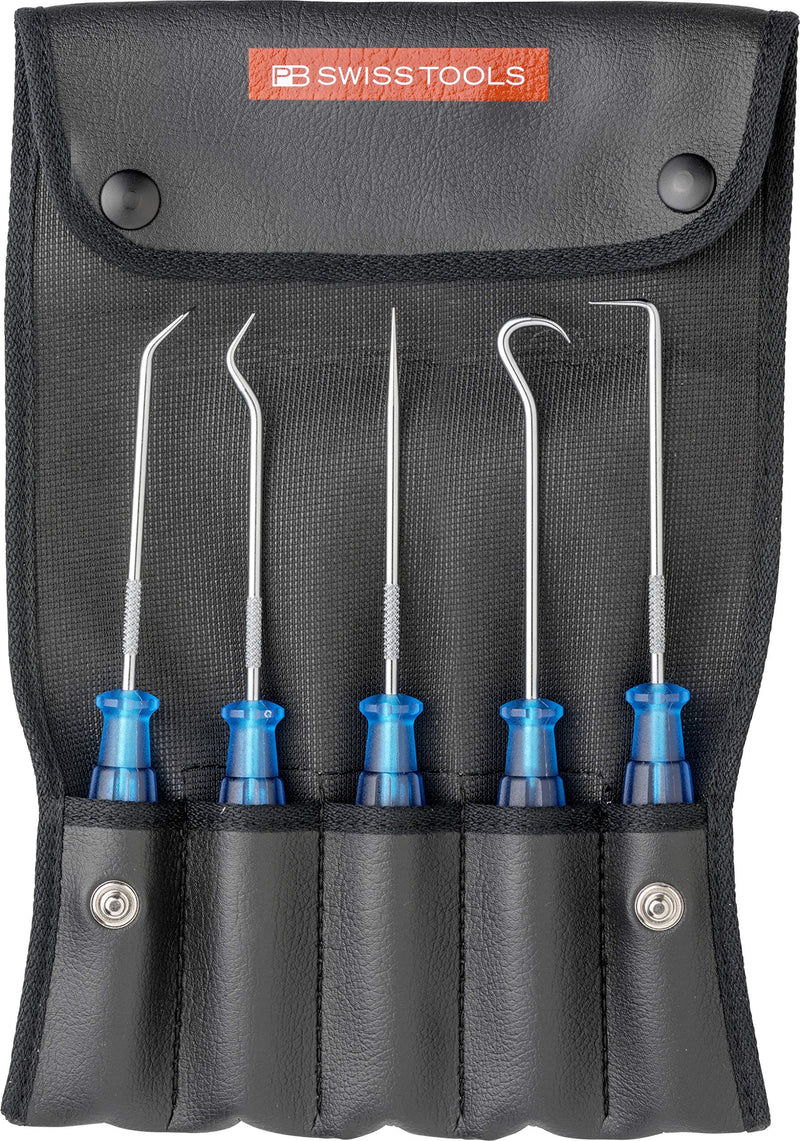 PB Swiss Tools Precision Hook and Pick Set for Mechanics PB 7685.Set CN | 100% Swiss Made | 5-Piece Mini Pick Tool Set in Leather Rollup Case
