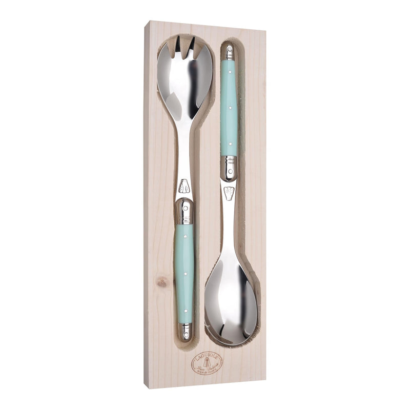 Jean Dubost Salad Servers, Turquoise Handles - Rust-Resistant Stainless Steel - Includes Wooden Tray - Made in France
