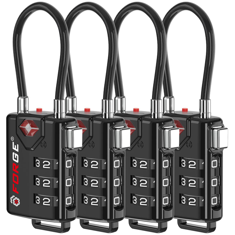 TSA Approved Cable Luggage Locks, Re-settable Combination with Alloy Body Black 4 Pack