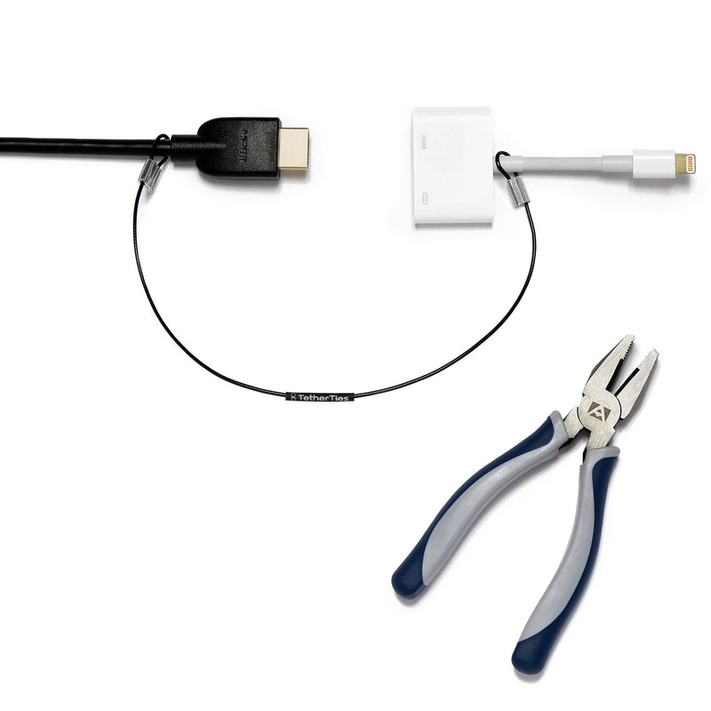 Patented Pre-Assembled Adapter Ties - Anti-Theft Cable Locks for Tools, Dongles, Tethers, Computer adapters. Steel Cable, Security Lock, Easy Installation with Free Crimping Tool Black 5 Pack TetherTies Cable Tethers