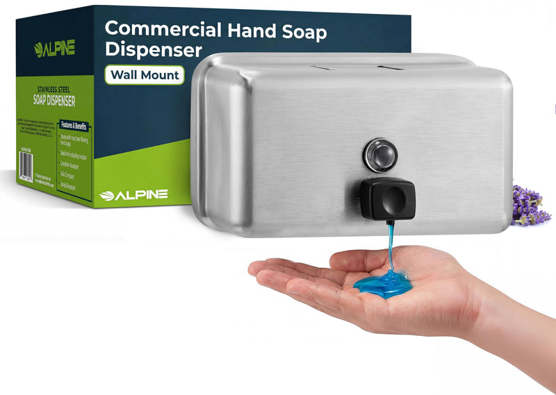Alpine Commercial Wall-Mounted Soap Dispenser – Stainless Steel, Liquid, Manual Pump, ADA Compliant, 1200ml for High-Traffic Bathrooms (Horizontal) 1