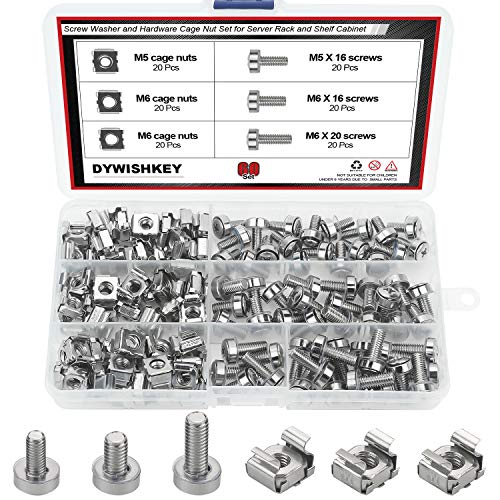 Cage Nuts and Screws, DYWISHKEY 60Set Square Hole Hardware Cage Nuts & Mounting Screws Washers for Server Rack and Cabinet (M5 x 16mm, M6 x 16mm, M6 x 20mm) Pest repeller Model BH-2 Ver.101