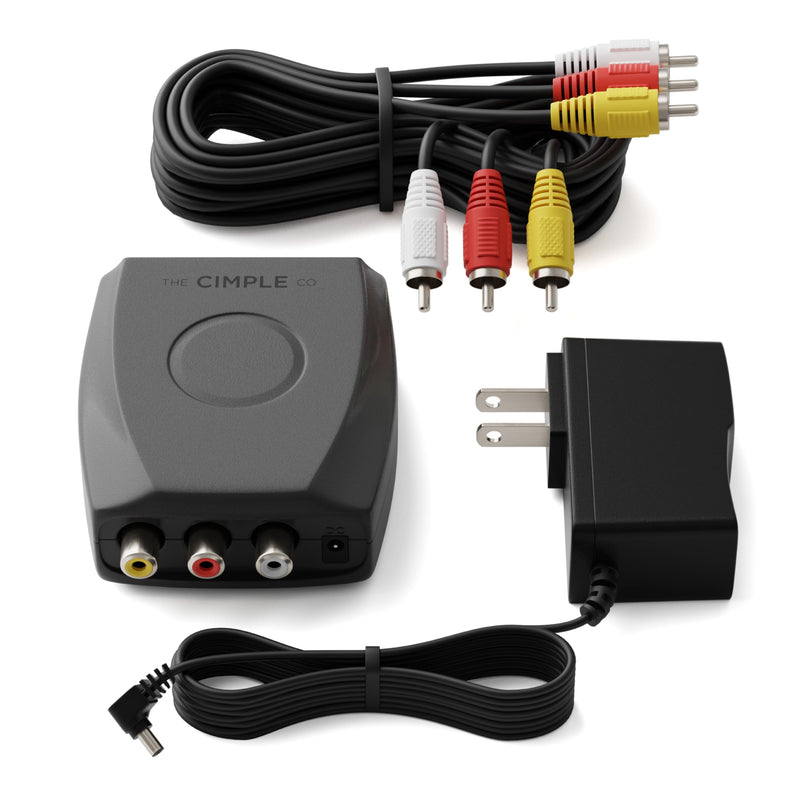 THE CIMPLE CO - RF Modulator, RCA Composite to RF Coaxial Adapter, Converts Standard Definition Signals to Coax, Watch DVD, VHS, Game Consoles on TV, Includes A/V Cable, Does Not Work in Reverse