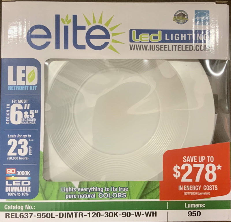 ELITE REL637-950L-DIMTR-120-30K-90-W-WH lED Retrofit Baffle Trim