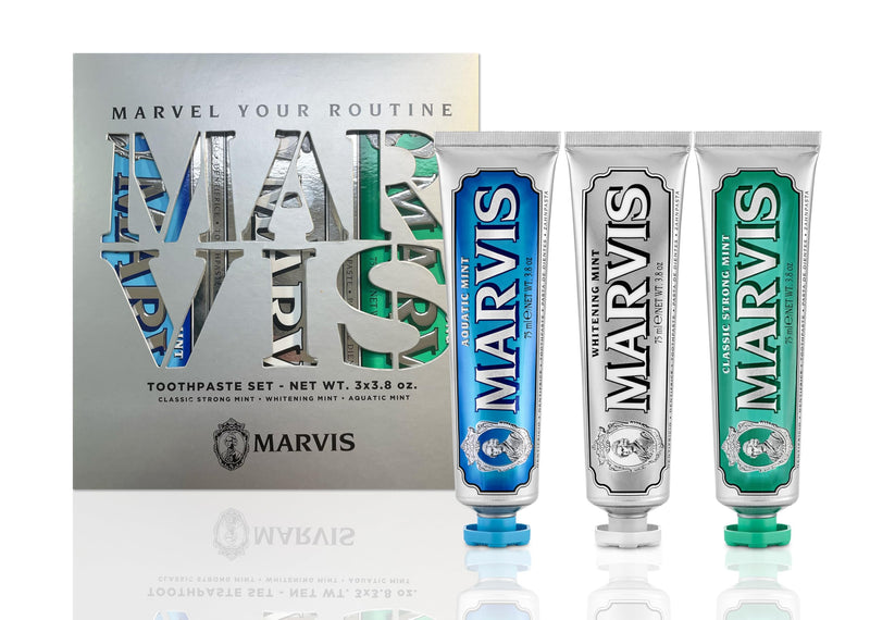 Marvis Best Sellers Trio, Classic Strong Mint, Whitening Mint, Aquatic Mint, 3 Tubes 75ml/3.8oz Each 11.4 Ounce (Pack of 1)