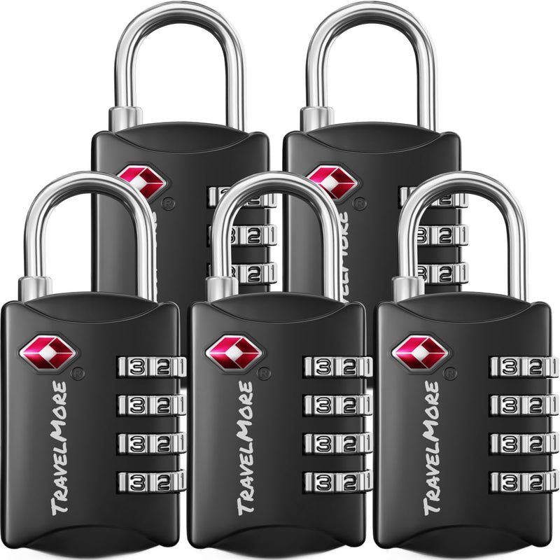 Luggage Locks TSA Approved, 4-Digit Travel Combination Locks | TSA Accepted, Easy to Use, Compact, Lightweight, Durable, Zinc Alloy Body, for Suitcases, Backpacks, Zippers, 5-Pack, Black 5 Pack