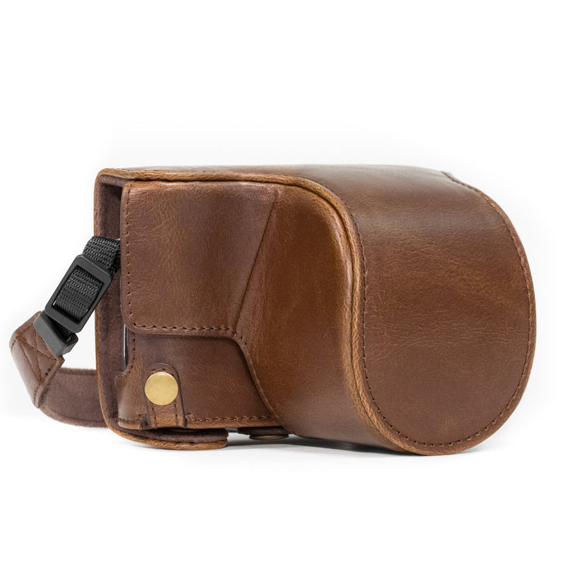 MegaGear Ever Ready Leather Camera Case compatible with Panasonic Lumix GX800, GX800 12-32mm Lens, DMC-GF8, DMC-GF7 Dark Brown