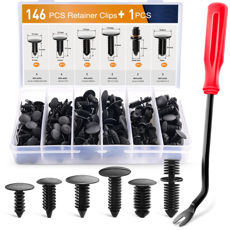 GOOACC 146PCS Nylon Bumper Shield Retainer & Double End Xmas Tree Retainers Clips Universal Auto Body Shield Retainer Fastener Clip Assortment- Bonus Fastener Remover 146Pcs Clips + Remover