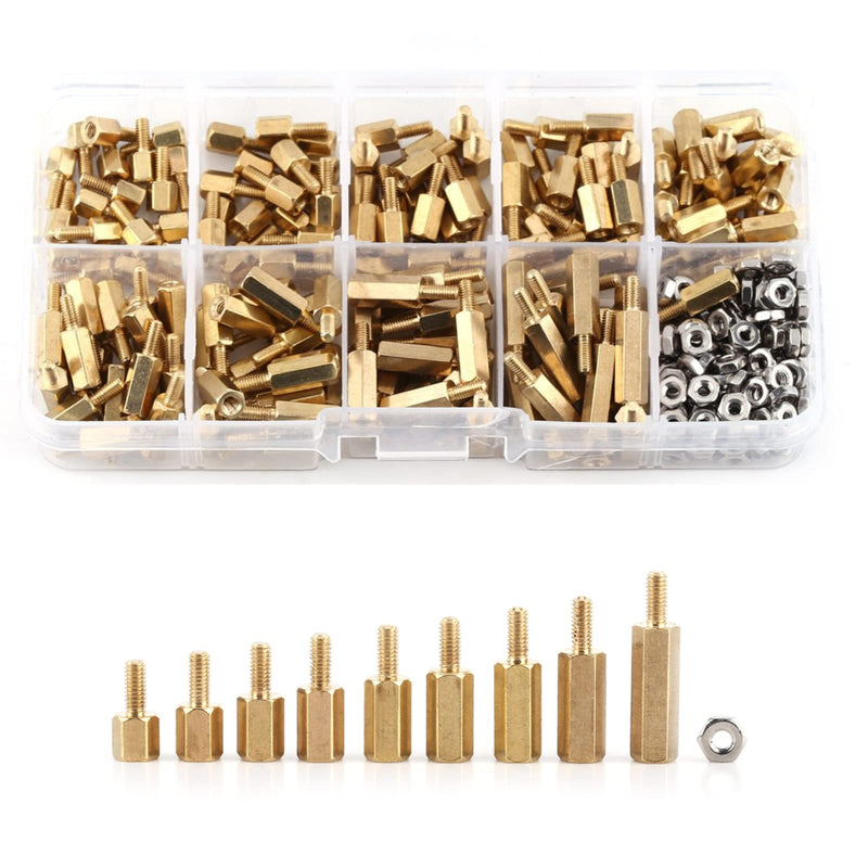 360pcs Hex Brass Standoff M2.5 Male-Female Threaded Spacer Standoff Screw Nut Pillar Standoff Assortment PCB Motherboard Assortment Kit Used in Machinery Industry, Electronic Industry