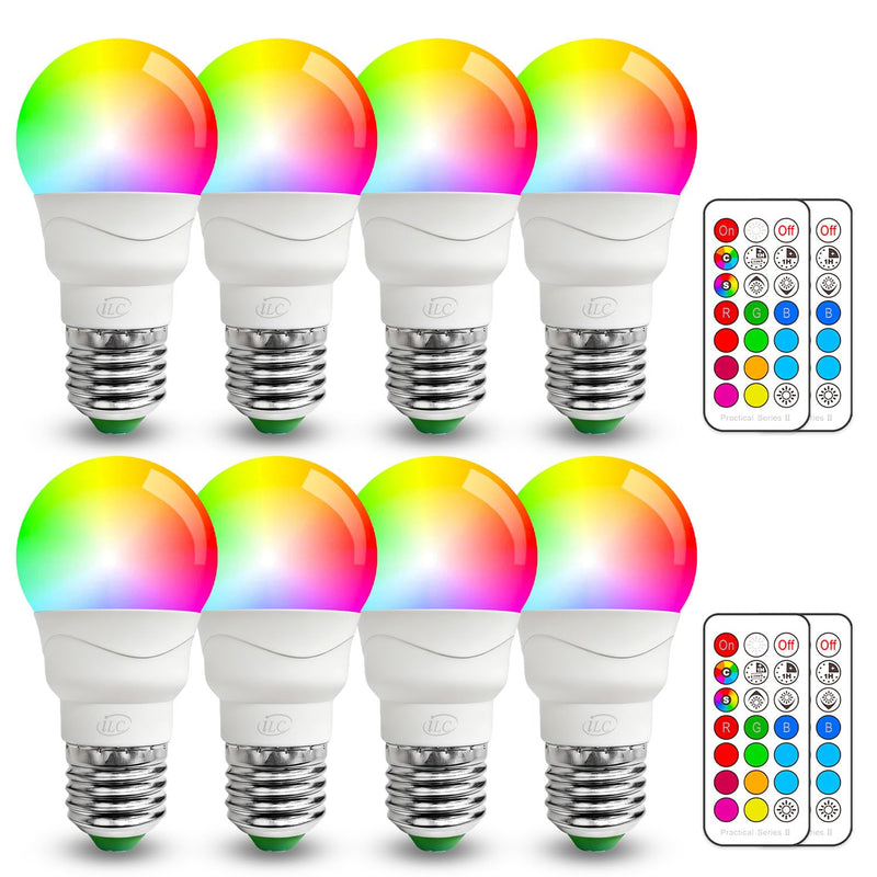 ILC Color Changing LED Light Bulb, A15 40W Equivalent, 5000K Daylight White, 450LM 5W E26 Screw Base RGBW, Mood Light Bulb - RGB 12 Color Choices - Timing Infrared Remote Control Included (8 Pack) 8 Count (Pack of 1)