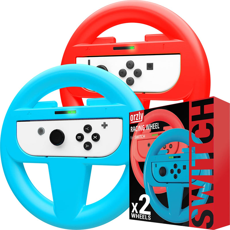 Orzly Steering Wheels for Nintendo Switch & OLED JoyCons, Racing Wheels for Mario Kart 8 Deluxe [Mariokart Switch Steering Wheel Joycon Controller Attachment Accessories] - TWIN PACK[1x Red & 1x Blue] 1x BLUE & 1x RED Steering Wheel for Nintendo Switch