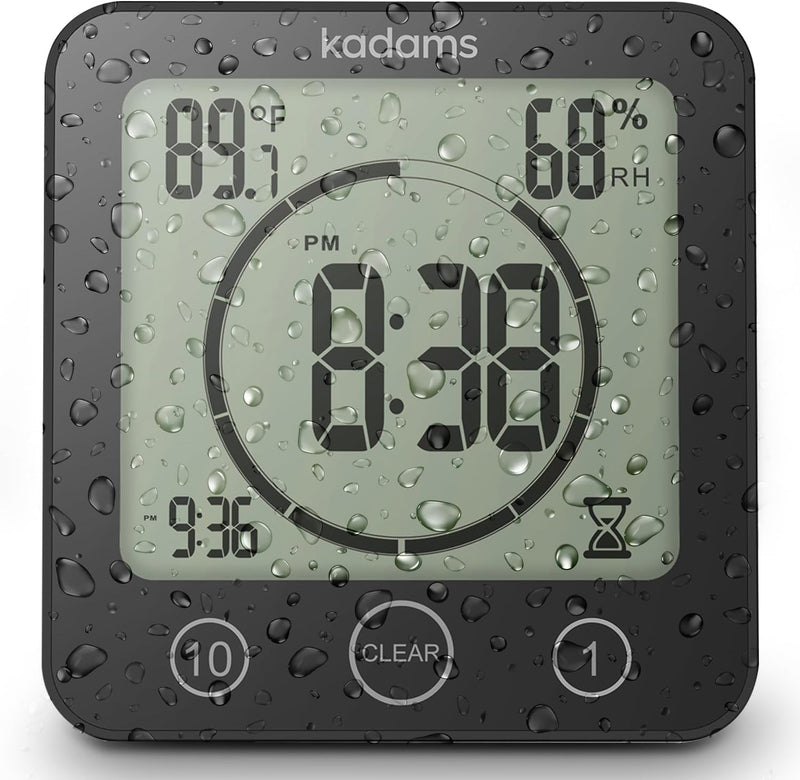 KADAMS Shower Clock Waterproof Bathroom Timer – Digital Wall Clock with Countdown, Magnetic Kitchen Clock with Temperature & Humidity, Suction Cup for Kids Shower Spa Sauna Cook Bath (Black) Black