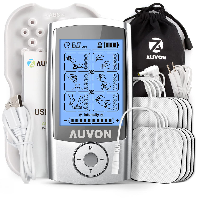 AUVON Rechargeable TENS Unit Muscle Stimulator, 24 Modes 4th Gen TENS Machine with 8pcs 2"x2" Premium Electrode Pads for Pain Relief A-silver