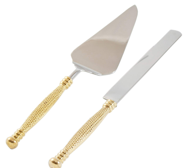 Cake Server, Pie Server, Server Set of Cake Knife and Server, Desert Flatware,String of Beads Design, 2-piece, 18/10 Stainless steel with brass handles (light antique gold finish)… Beads-Gold