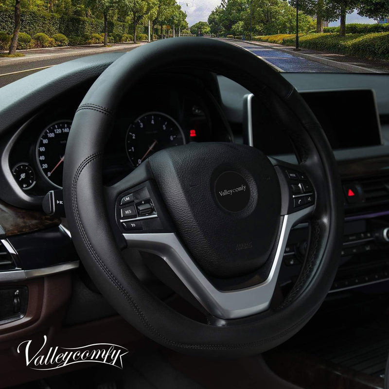 Valleycomfy Microfiber Leather Steering Wheel Cover Universal 15 inch (Black) Black Medium(Standard) Size[14.5"-15"]