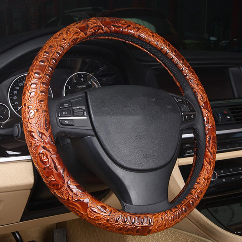Leather Auto Car Steering Wheel Cover,Anti Slip Universal 15 Inch,Brown Crocodile with Rose Grain Brown