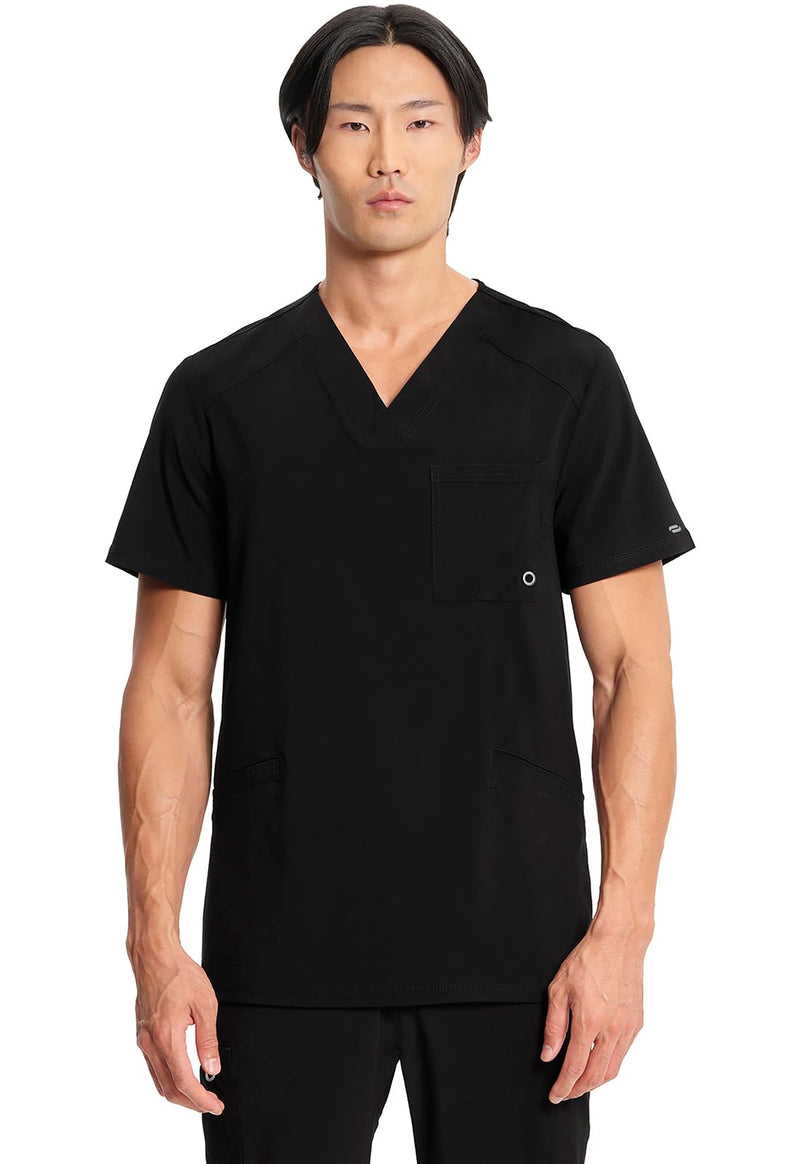 Cherokee Infinity Mens V-Neck Scrub Top Modern Fit, 3 Pockets, Rib-Knit Back Panels, Moisture-Wicking 360° Stretch – CK900A Large Black