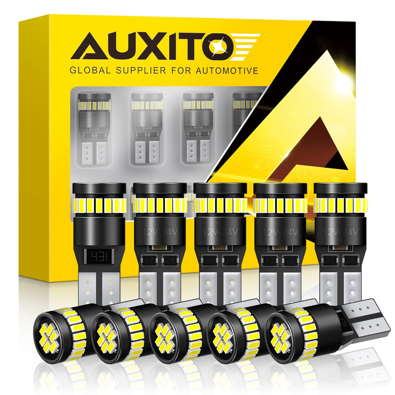 AUXITO 194 LED Light Bulb 6000K White 168 2825 W5W T10 Wedge 24-SMD 3014 Chipsets LED Replacement Light Kit Error Free for Car Interior Dome Map Door License Courtesy Dash Lights, Pack of 10 Xenon White