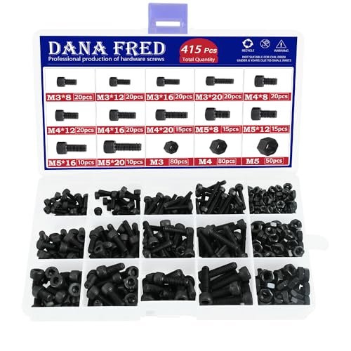 Hex Socket Head Cap Screws Nuts Kit 415pcs Black 12.9 Class Metric Thread Allen Hexagon Machine Bolt Nuts Metal Standard Fastener Hardware Alloy Steel Assortment Kit for Mechanical Components M3 M4 M5 M3M4M5-415pcs