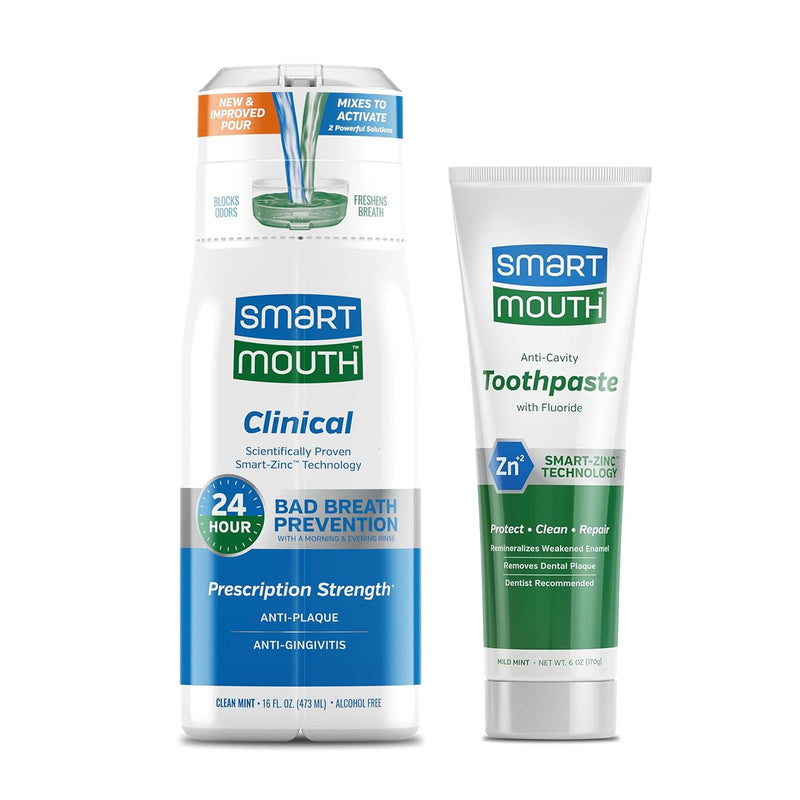 SmartMouth Clinical Zinc Activated Mouthwash & Premium Toothpaste for Healthy Gums - Anti-Plaque, Anti-Gingivitis & Anti-Cavity with Fluoride - All-Day Fresh Breath - Alcohol-Free - 16 fl oz, 6 oz