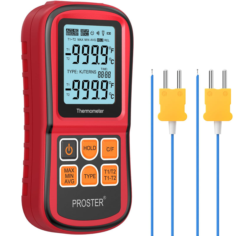 Proster Digital Thermocouple Temperature Thermometer Dual Channel - with Two K-Type Thermocouple Probe, Backlight LCD Thermometer for K J T E R S N Type Red
