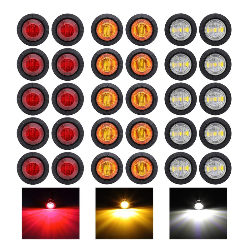Pack of 30 3/4 Inch Mini Round 10 Amber + 10 Red + 10 White 3 LED Trailer Side Marker Button Lights Clearance Signal Lamp Boat Lorry Truck Pickup Bus 12V DC
