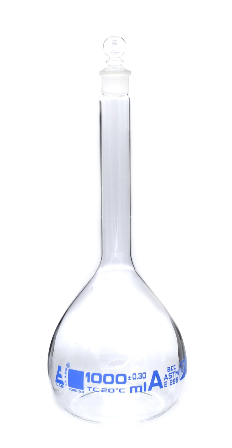 Volumetric Flask, 1000ml - Class A, ASTM - Tolerance ±0.300 ml - Glass Stopper - Single, Blue Graduation - Eisco Labs