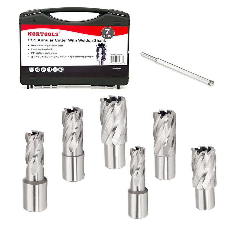 Annular Cutter Set, 7 Pcs 1-Inch HSS M2 Annular Cutters with Weldon Shank,Cutting Depth 1" Cutting Diameter 1/2" to 1", Mag Drill Bits Kit for Magnetic Drill Press, with 1 Pilot Pins