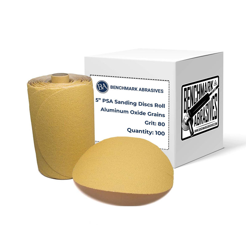 Benchmark Abrasives PSA Gold 5 Inch Self Adhesive Sanding Discs w/Aluminum Oxide Grains DA Sandpaper - 5 Inch Sanding Discs Roll - Surface Blending, Automotive, Orbital Sanders (100 Discs), 80 Grit