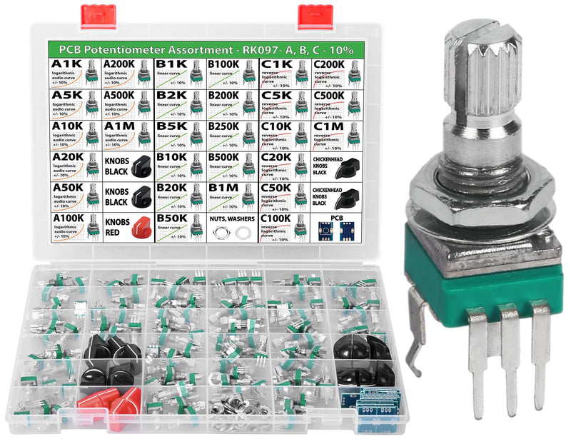 100 pcs Vertical Small 10% Tolerance 15mm Shaft 9mm Potentiometer Assortment Kit for PCB Mount 1K, 2K, 5K, 10K, 20K, 50K, 100K, 200K, 250K, 500K, 1M, Linear, logarithmic, Reverse Log