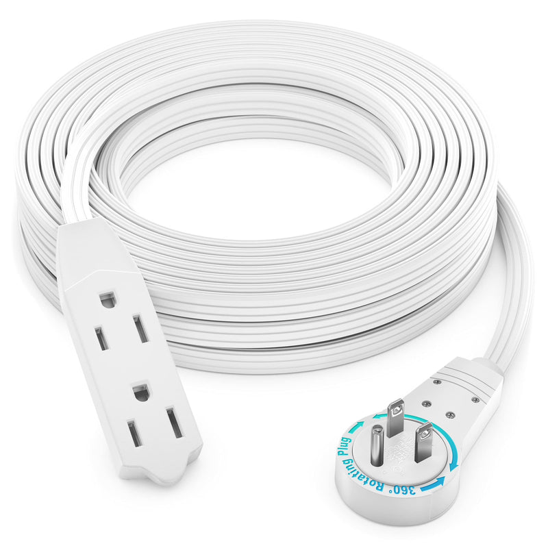 Maximm Cable 25 Ft 360° Rotating Flat Plug Extension Cord/Wire, 16 AWG Multi 3 Outlet Extension Wire, 3 Prong Grounded Wire - White - UL Certified 25 Feet