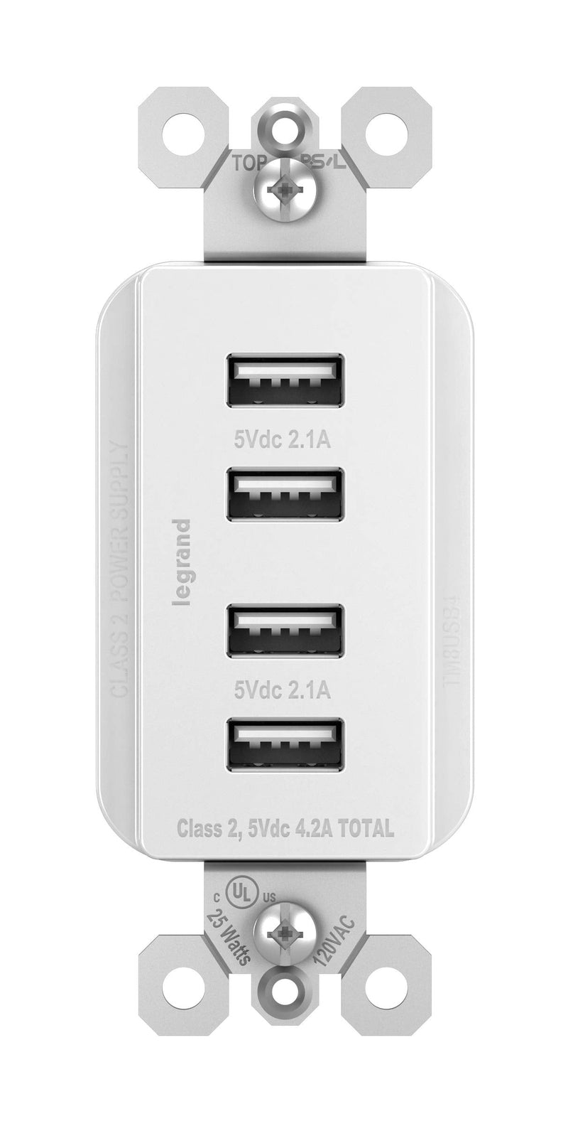 Legrand radiant TM8USB4WCCV4 Decorator Outlet Quad USB Charger, 4.2 Amp Multi Port Charging Station, White (1 Count)