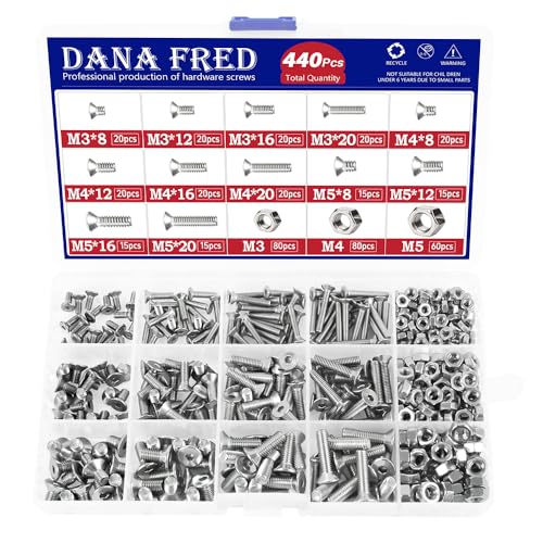 440 Pieces Flat Hex Socket Head Cap Screws Kit 304 Stainless Steel M3 M4 M5 Metric Thread Hexagon Allen Head Drive Countersunk Machine Bolts Nuts Standard Fastener Hardware Assortment Kit Set M3M4M5-440pcs