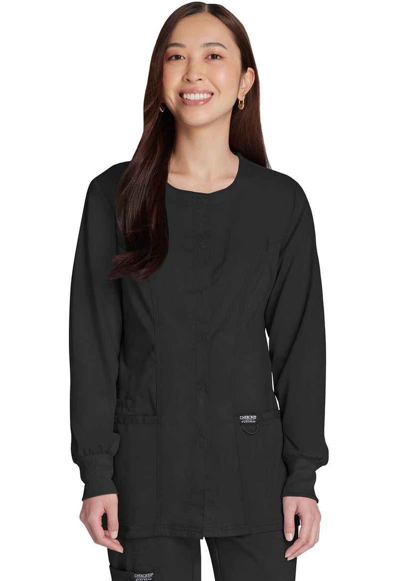 Cherokee Womens Scrub Jacket Nurse Snap Front Medical Uniform with Pockets, 2-Way Stretch, Easy Care Soft Fabric - WW310 Medium Black