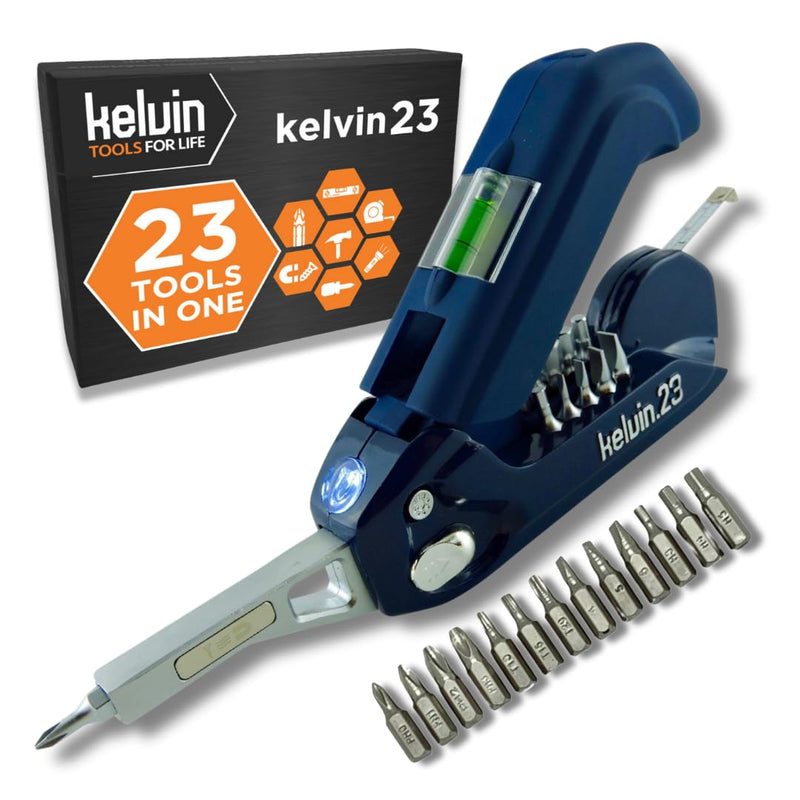 Kelvin Tools Kelvin 23 Urban Multi Tool Screwdriver Set All in One with 16 Bit Set, Tape Measure, Liquid Level, Hammer, Flashlight, Multibit, Universal Precision Screwdriver - Navy