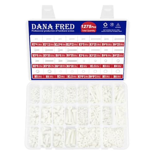 1275pcs White Nylon Flat Pan Round Head Machine Screw M2 M2.5 M3 M4 M5 M6 Metric Threaded Phillips Cross Recessed Plastic Bolt Nut Washer Assortment Kit Set M2-M6 for Insulate or Fasten PCB Board
