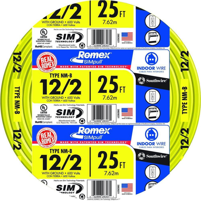 SOUTHWIRE 25 FT. 12/2 Solid ROMEX SIMPULL CU NM-B W/G Wire 28828221 25 ft (Single)