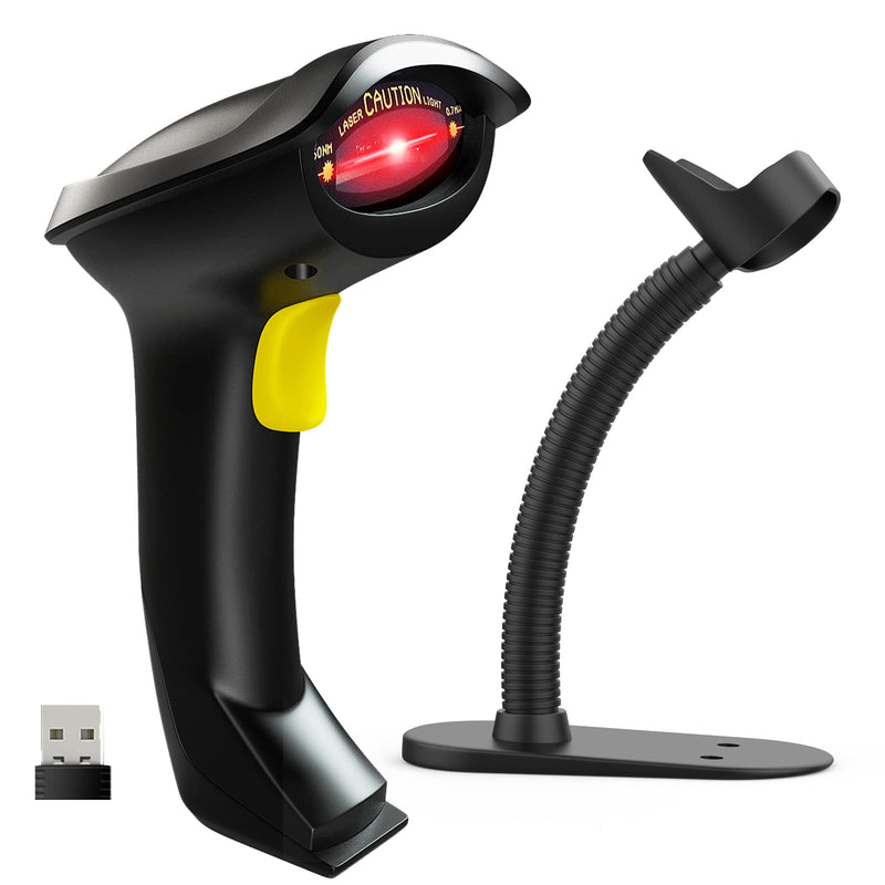 NADAMOO Wireless Barcode Scanner with Stand 2-in-1 2.4G Wireless & Wired USB Bar Code Scanner Handheld Laser Bar Code Reader Automatic Hand Scanner for Computer POS Warehouse Inventory Library Yellow