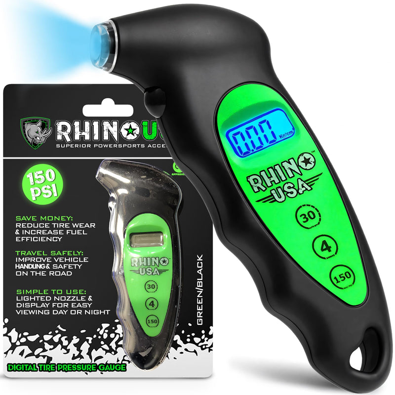 Rhino USA Digital Tire Pressure Gauge 150 PSI, 4 Ranges, Ergonomic Design w/Lighted Nozzle & LCD Backlit Display - Certified Accurate Readings, Best Digital Gage (Green) Green
