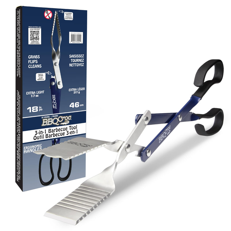 BBQ Croc 3 in 1 Barbecue Tool 18-inch - Lightweight and Long Tongs, Spatula and Grill Scraper (Blue) (18 inch Without Flashlight) 18 inch Without Flashlight