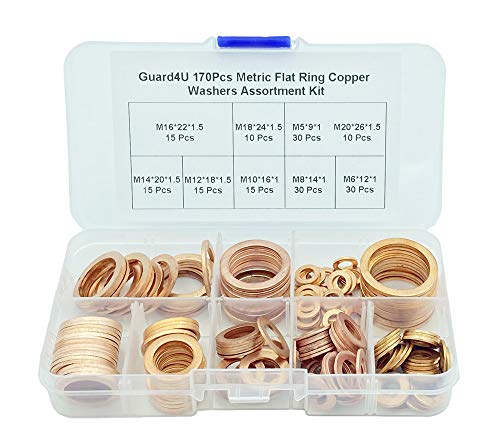170Pcs Metric Flat Ring Copper Washers Assortment Kit, for M5 M6 M8 M10 M12 M14 M16 M18 M20 (9 Sizes)