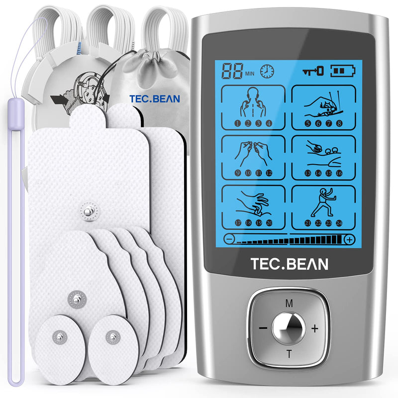 24 Modes Tens Unit Muscle Stimulator, Rechargeable Tens Machine with 8 Electrode Pads (American Gel), Electric Pulse Massager for Pain Relief Therapy(Silver) A-silvera