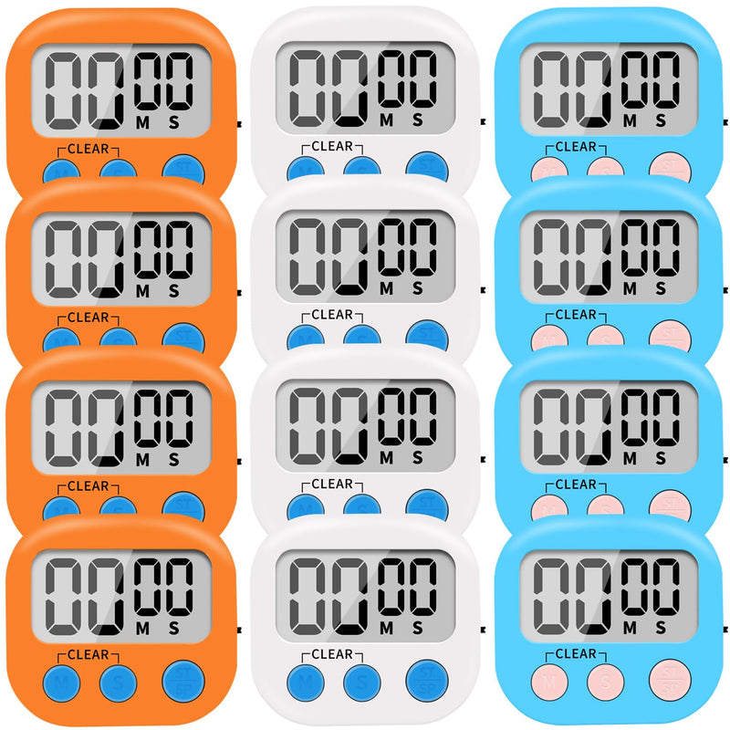 12 Pack Small Digital Kitchen Timer Magnetic Back and ON/Off Switch,Minute Second Count Up Countdown（White,Blue,Orange