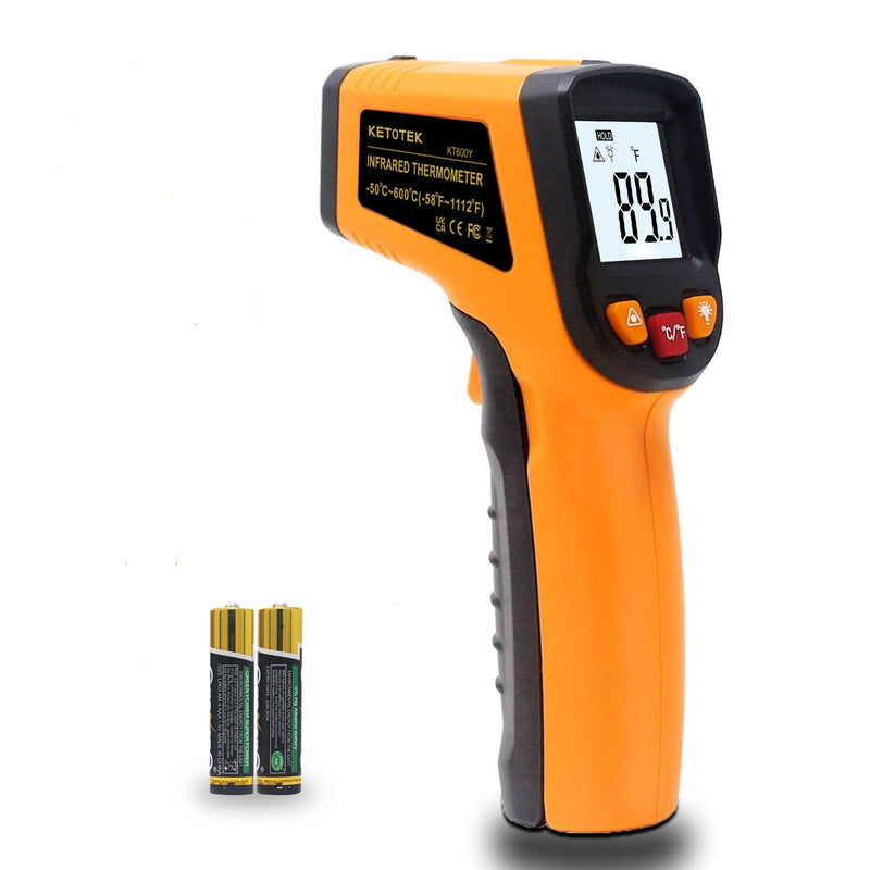 Ketotek Digital Infrared Thermometer Temperature Gun -58°F to 1112 °F(-50°C to 600°C) Handheld Non Contact IR Laser Thermometer KT600Y for Cooking Meat Refrigerator Pool Pizza Oven BBQ Food Orange