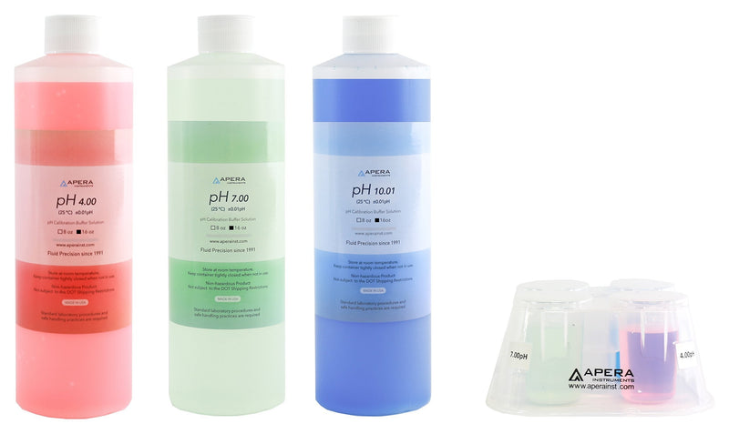 Apera Instruments AI1116 pH Calibration Solution Kit (7.00, 4.00, 10.01), 16 oz. Each, Plus a CalPod Solution Holder, NIST traceable