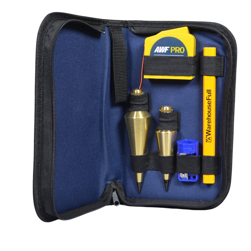 AWF PRO Plumb Bob Kit - 16 oz and 8 oz Solid Brass Plumb Bobs, 14 ft Retractable Line Reel with Magnetic Base, 2 Pencils, Pencil Sharpener, Carrying Case 1