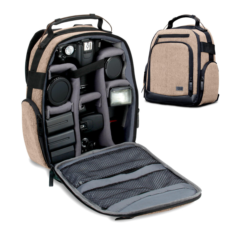 USA Gear Portable Camera Backpack for DSLR with Customizable Accessory Dividers, Weather Resistant Bottom and Comfortable Back Support - Compatible with Canon, Nikon, Sony, Fujifilm, and More (Brown) Compact Brown